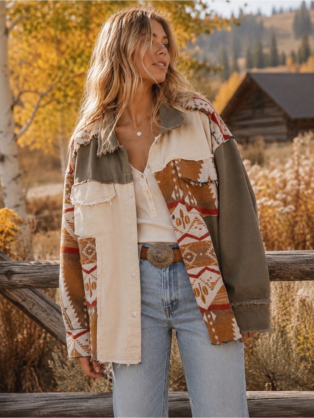 SF The Label Aztec Patchwork Shacket Jacket Western Boho Raw Hem Button Front M